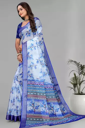 sky blue flower digital print saree
