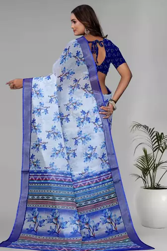 sky blue flower digital print saree