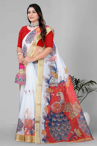 white peackock linen cotton digital print saree