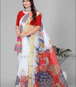 white peackock linen cotton digital print saree