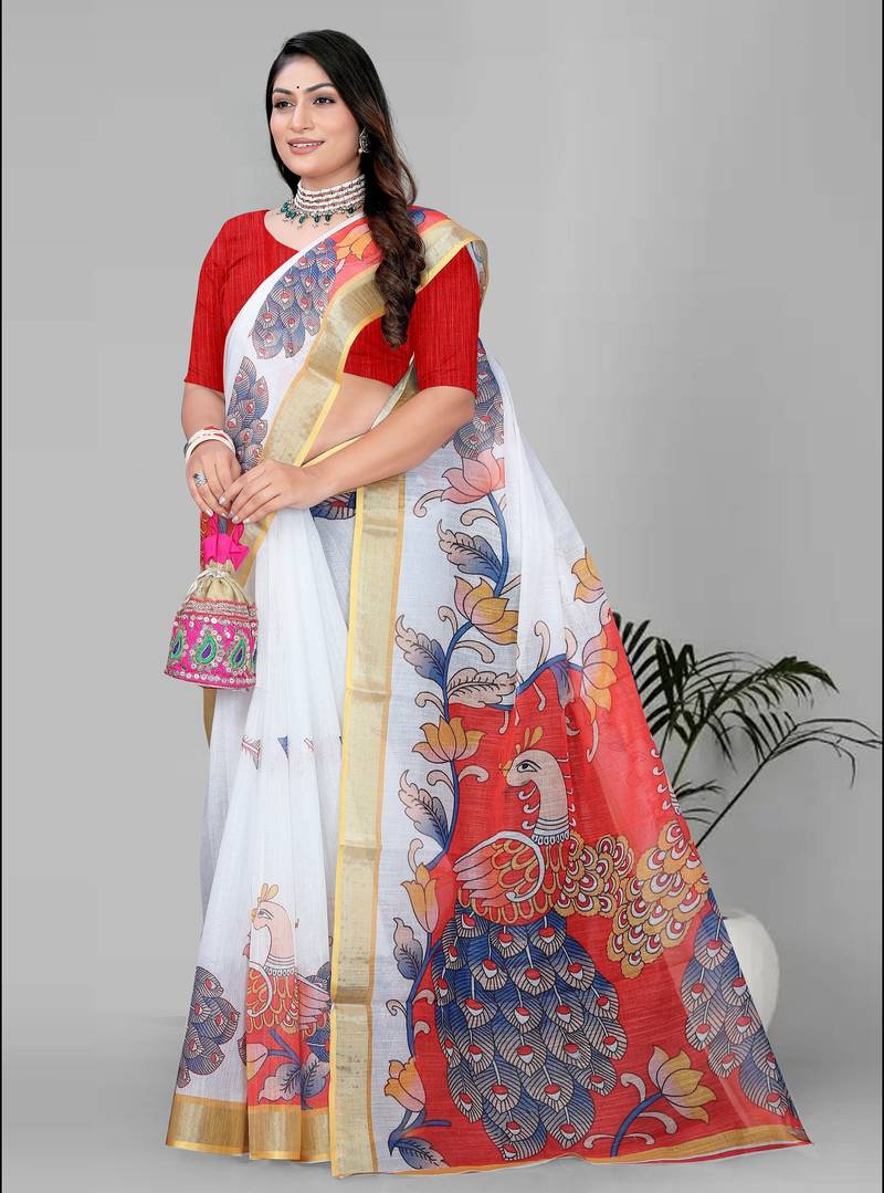 white peackock linen cotton digital print saree