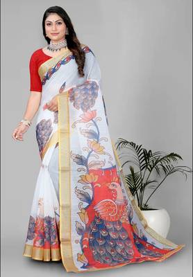 white peackock linen cotton digital print saree 3