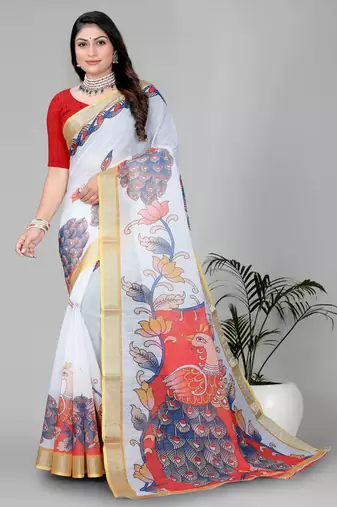white peackock linen cotton digital print saree