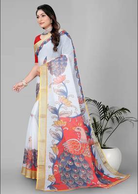 white peackock linen cotton digital print saree 4