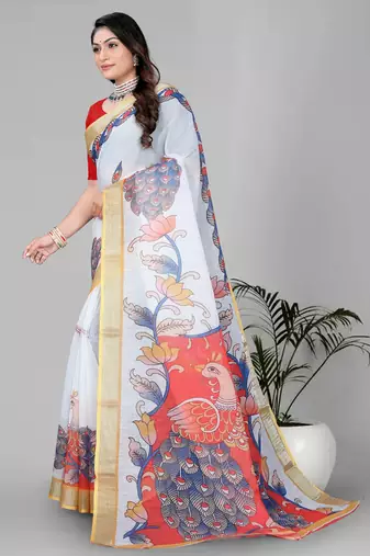 white peackock linen cotton digital print saree