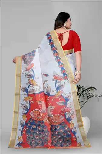 white peackock linen cotton digital print saree