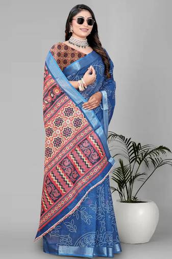 sky blue abstract digital print saree
