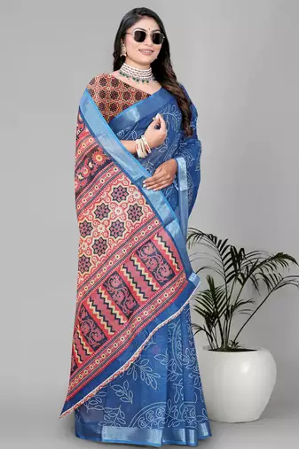 sky blue abstract digital print saree