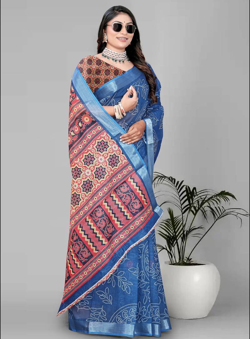 sky blue abstract digital print saree