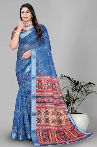 sky blue abstract digital print saree