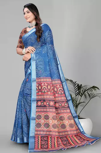 sky blue abstract digital print saree