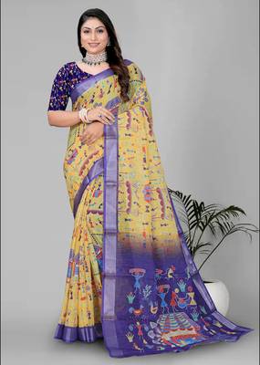 mustard warli design digital print saree 1