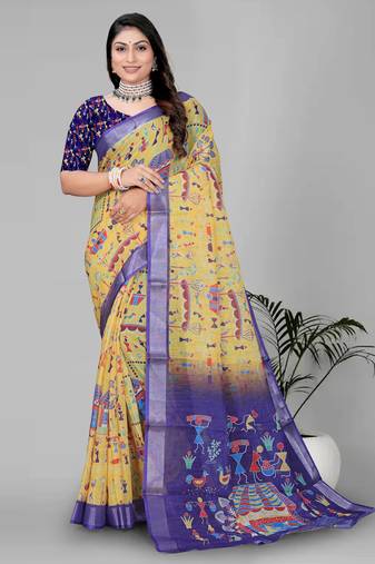mustard warli design digital print saree