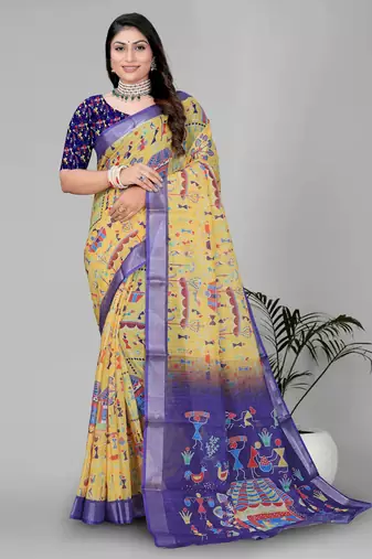 mustard warli design digital print saree