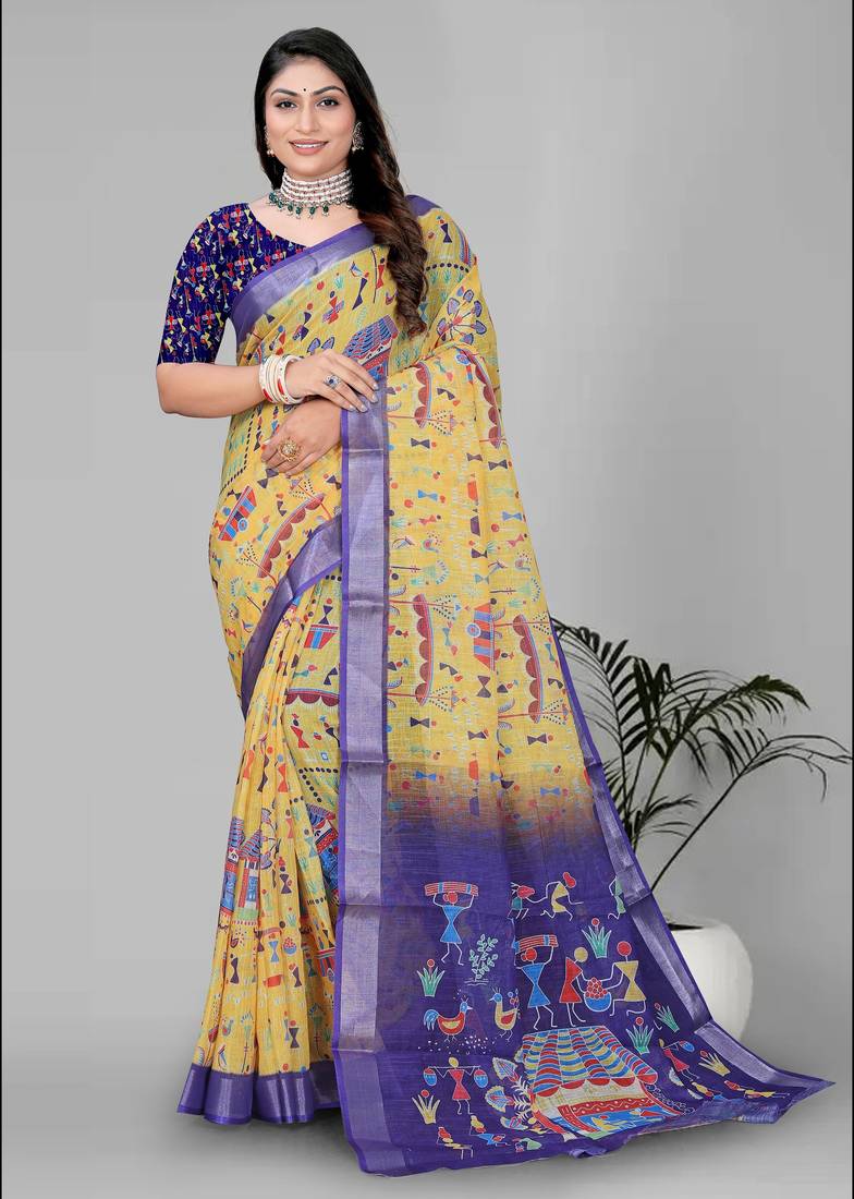 mustard warli design digital print saree