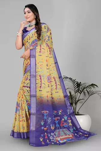 mustard warli design digital print saree
