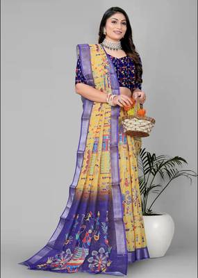 mustard warli design digital print saree 4