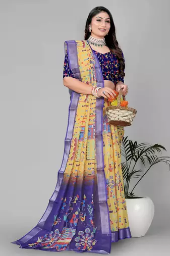 mustard warli design digital print saree