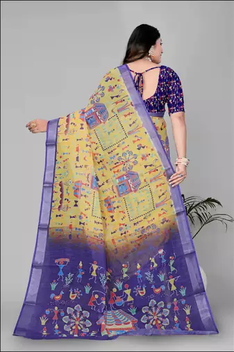 mustard warli design digital print saree