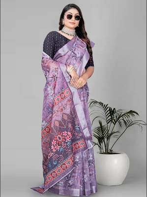 wine  linen cotton digital print saree 1