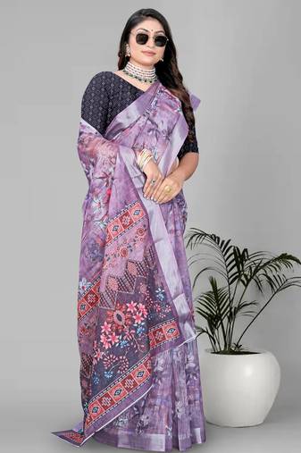 wine  linen cotton digital print saree