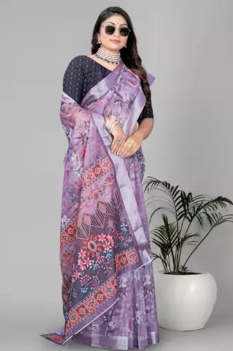 wine  linen cotton digital print saree