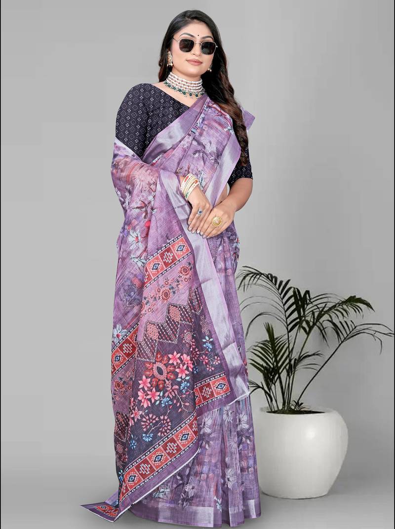 wine  linen cotton digital print saree