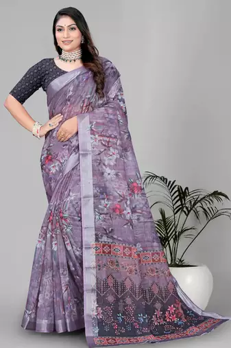 wine  linen cotton digital print saree