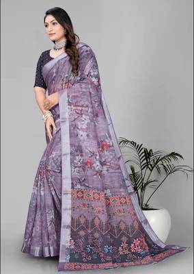 wine  linen cotton digital print saree 4