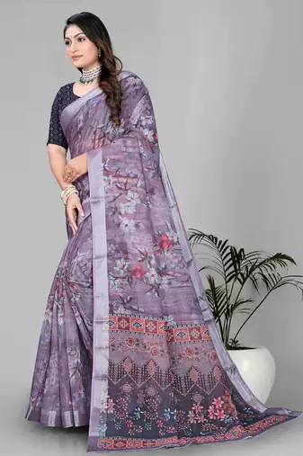 wine  linen cotton digital print saree