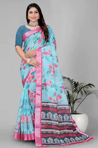 sky blue flower digital print saree