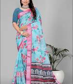 sky blue flower digital print saree