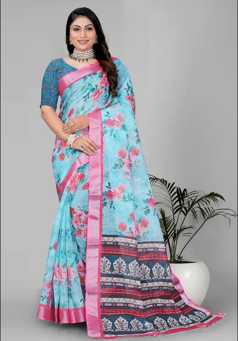 sky blue flower digital print saree