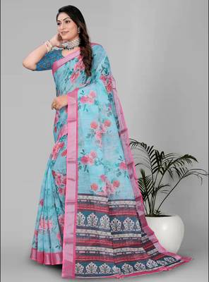 sky blue flower digital print saree 3