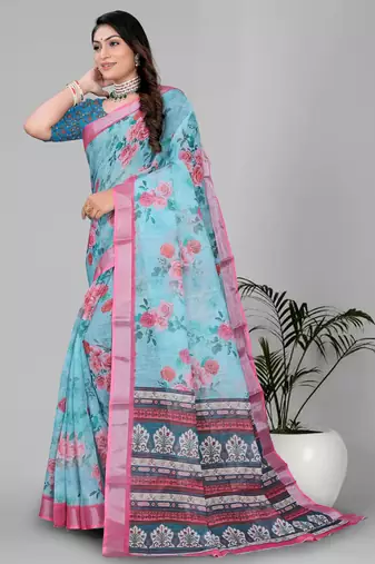 sky blue flower digital print saree