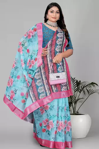 sky blue flower digital print saree