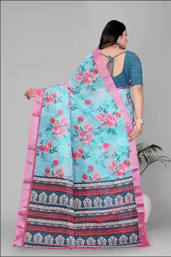 sky blue flower digital print saree