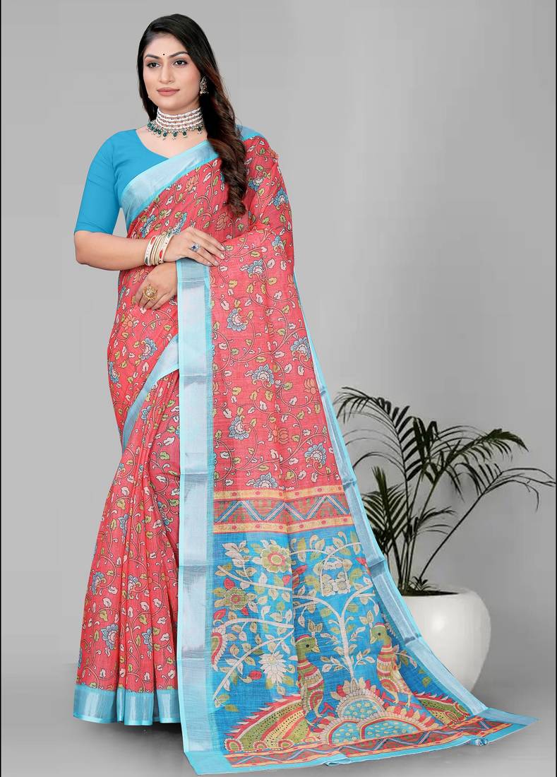 red flower digital print saree