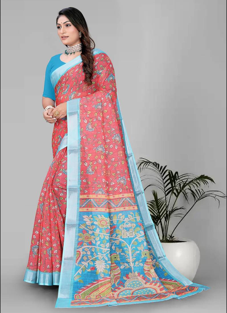 red flower digital print saree