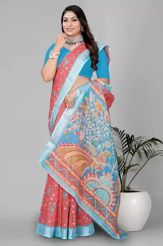 red flower digital print saree