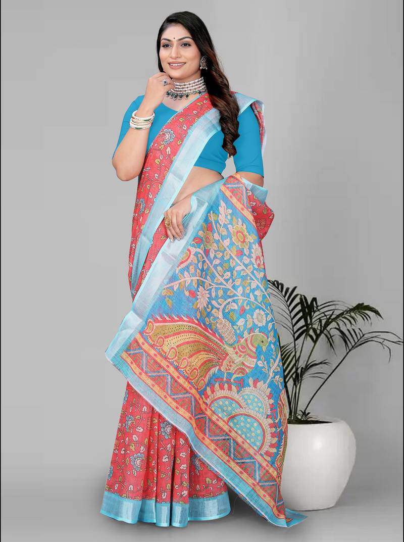 red flower digital print saree