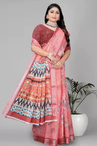 pink warli design digital print saree