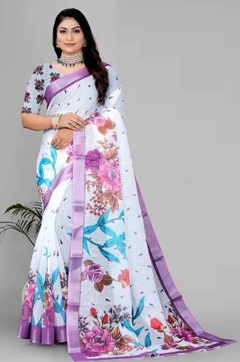 white flower digital print saree