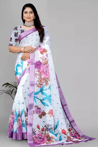 white flower digital print saree