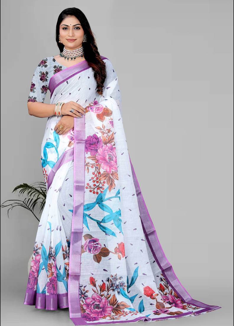 white flower digital print saree