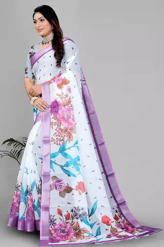 white flower digital print saree