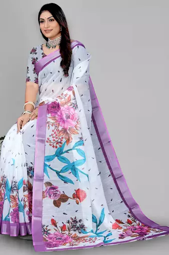 white flower digital print saree