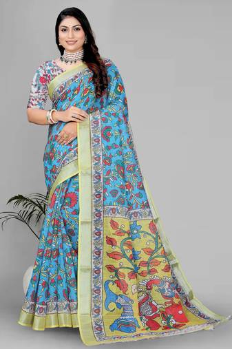 sky blue  linen cotton digital print saree