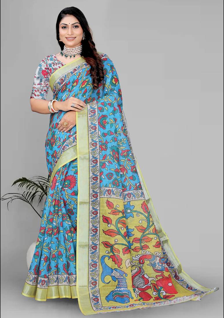 sky blue  linen cotton digital print saree