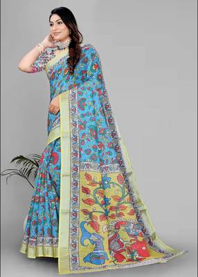 sky blue  linen cotton digital print saree 3